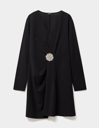Robe drap&eacute;e d&eacute;tail broche noir femme