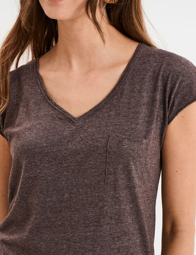T-shirt col v poche poitrine marron fonc&eacute; femme