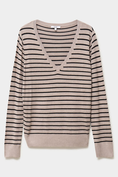 Pull col en V manches longues beige clair femme