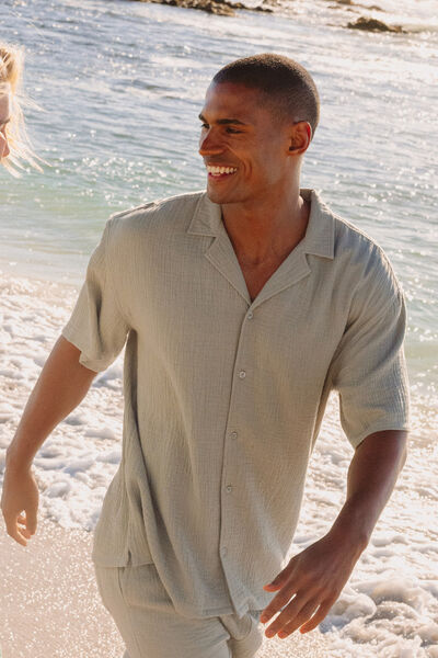 Chemise gaze de coton manches courtes vert clair homme