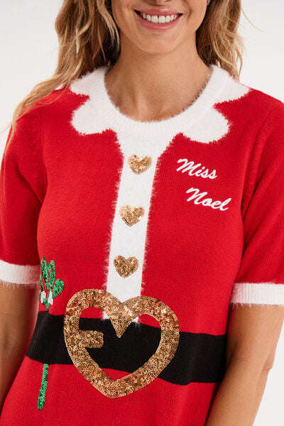 Robe de No&euml;l &eacute;vas&eacute;e manches courtes rouge femme