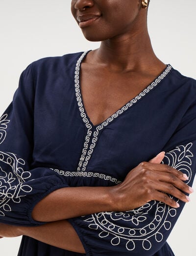 Robe courte brod&eacute;e manches 3/4 bleu fonc&eacute; femme