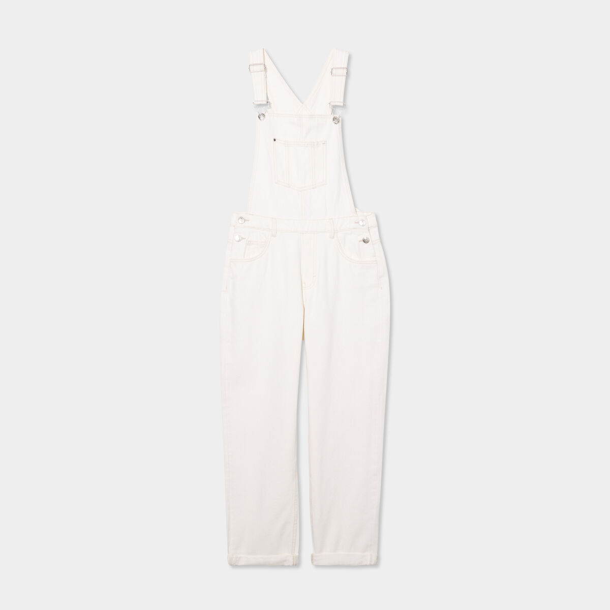 Salopette en jean mom boutonn&eacute;e ecru femme