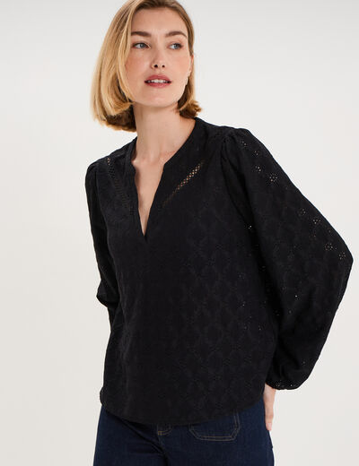 Blouse broderie anglaise manches longues noir femme