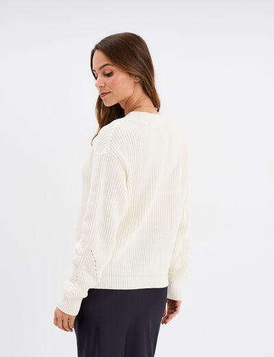 Pull col en V détails ajourés blanc femme