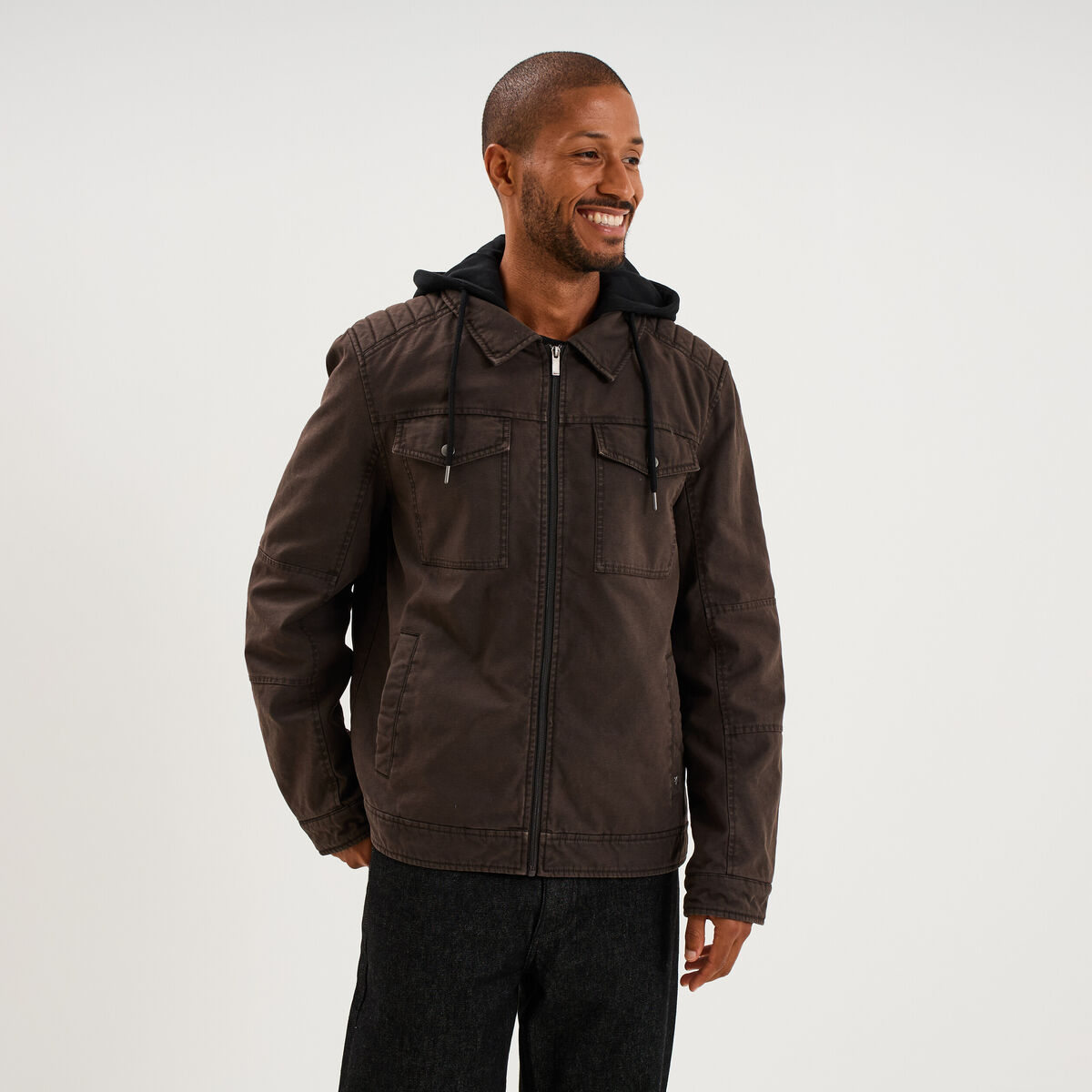 Veste doubl&eacute;e capuche amovible en coton marron fonc&eacute; homme