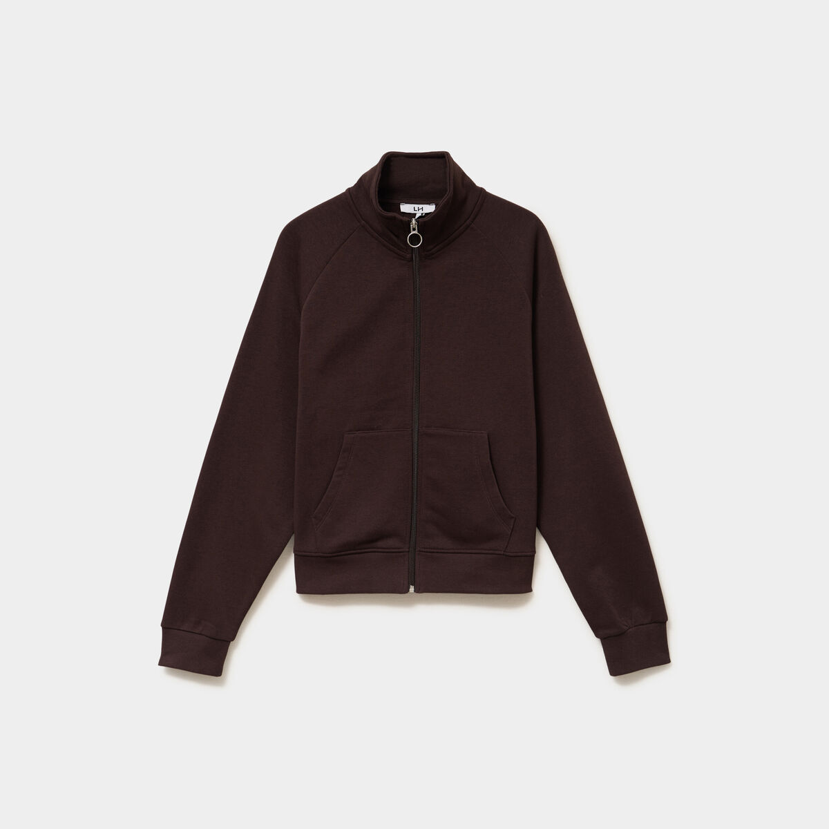 Sweat zipp&eacute; molleton col montant marron fonc&eacute; femme