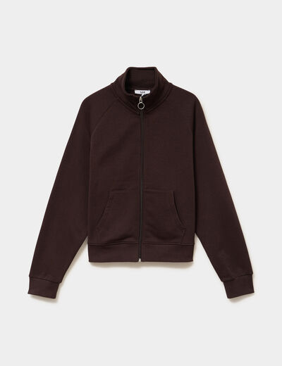 Sweat zipp&eacute; molleton col montant marron fonc&eacute; femme