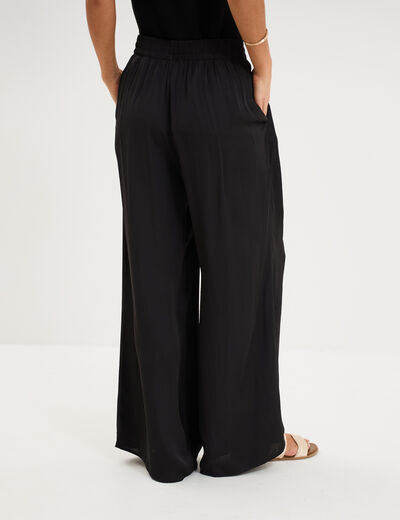 Pantalon large effet satin&eacute; &eacute;lastiqu&eacute; noir femme