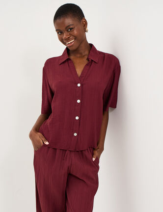 Chemise dos smock&eacute; manches courtes bordeaux femme