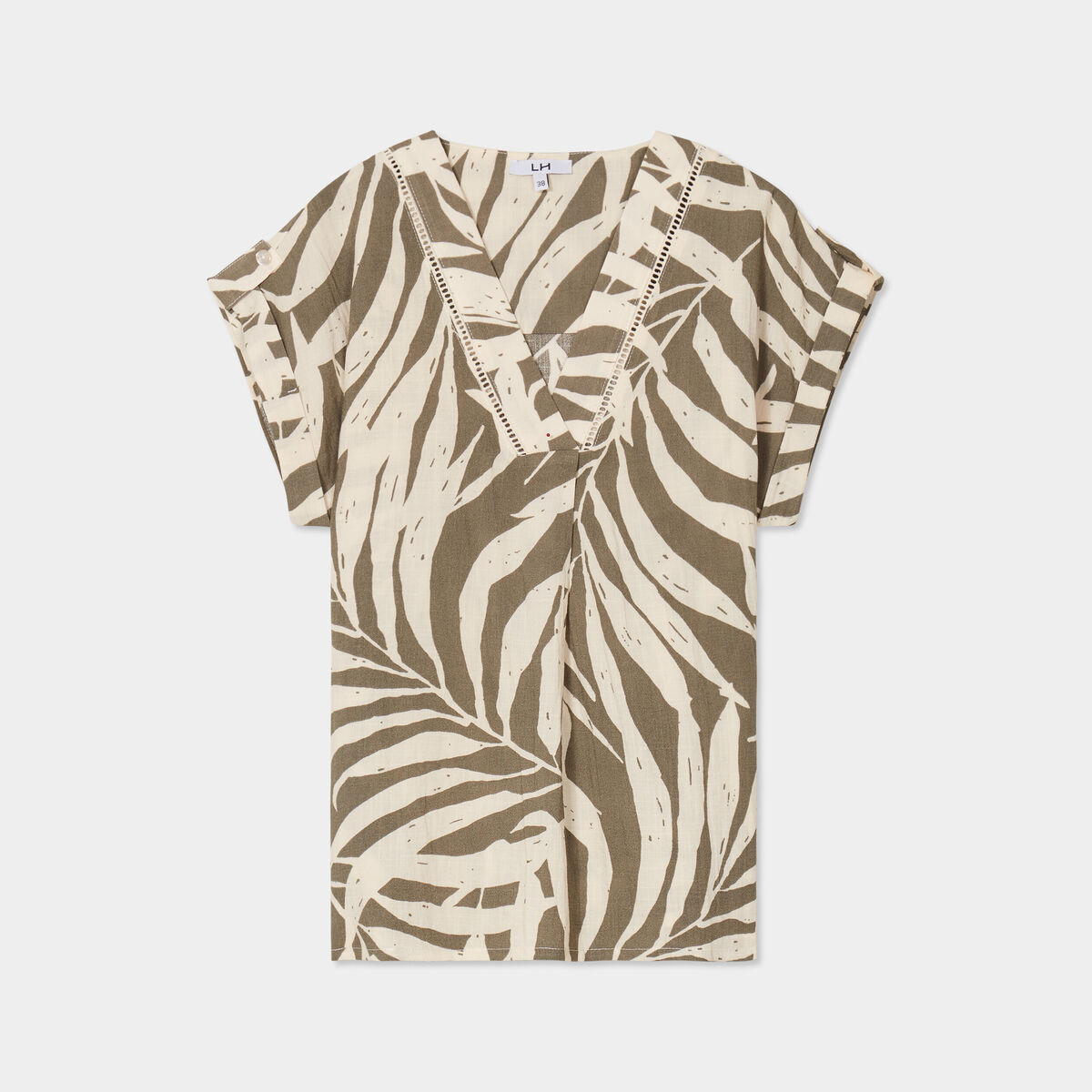 Blouse col en V manches courtes vert kaki femme