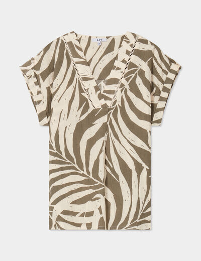 Blouse col en V manches courtes vert kaki femme