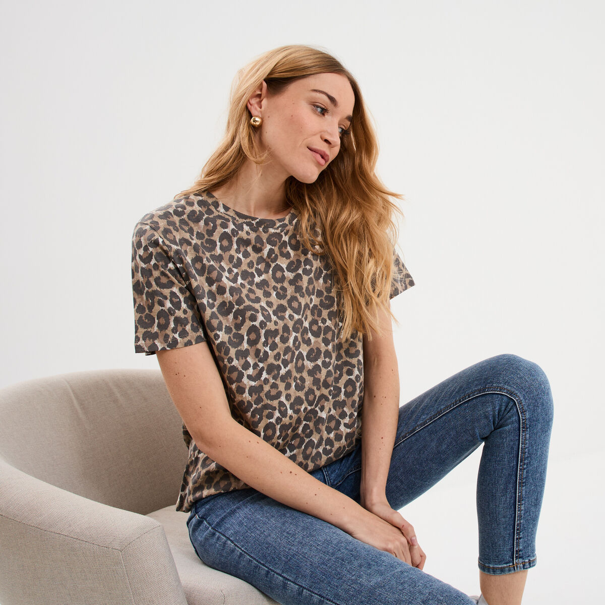 T-shirt coton col rond manches courtes beige fonce femme