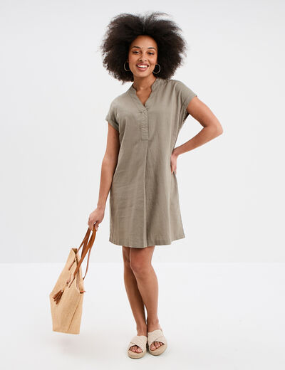 Robe manches courtes lin mélangé vert kaki femme