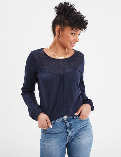 T-shirt détails dentelle Creeks bleu marine femme