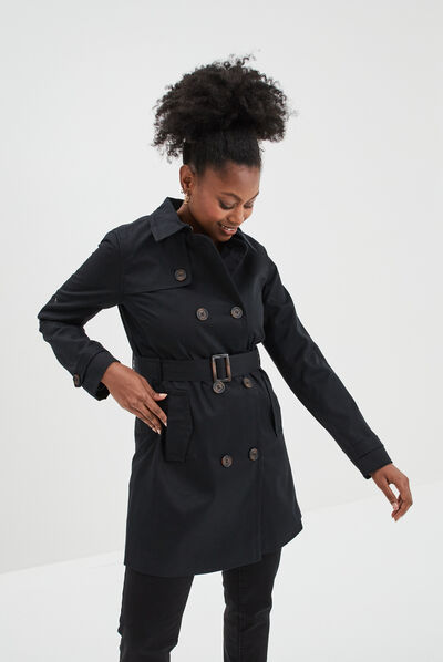 Trench mi-long ceinturé ajusté noir femme