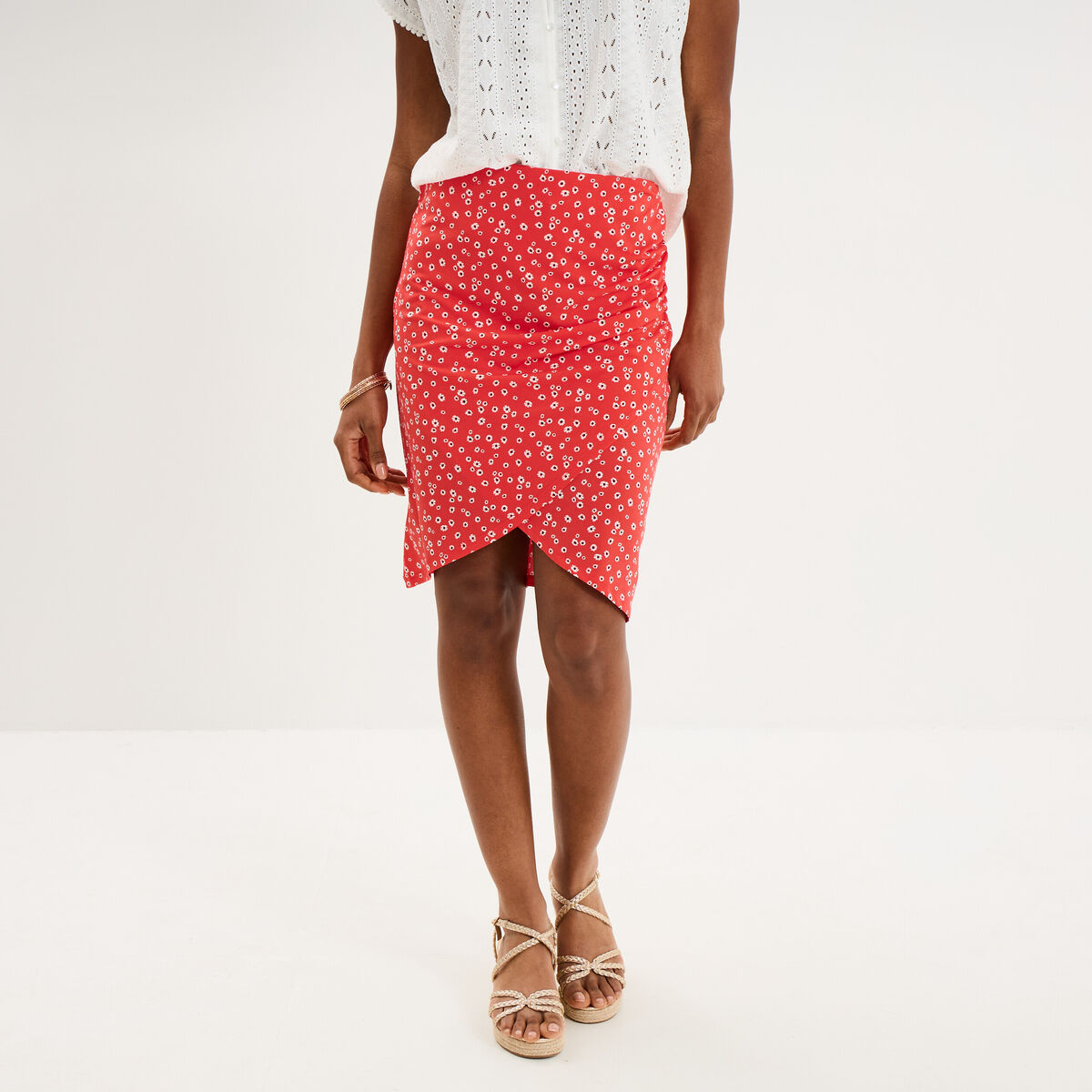 Jupe courte taille &eacute;lastiqu&eacute;e stretch rouge coquelicot femme