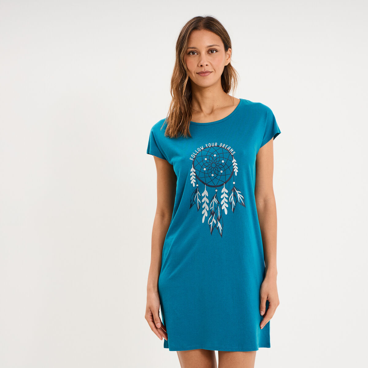 Chemise de nuit courte col rond bleu canard femme