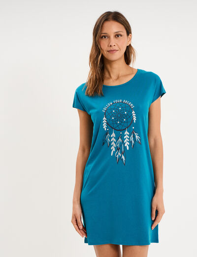 Chemise de nuit courte col rond bleu canard femme