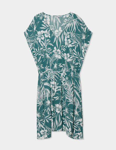 Robe caftant courte col en V vert foncé femme