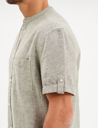 Chemise col mao lin m&eacute;lang&eacute; vert kaki homme