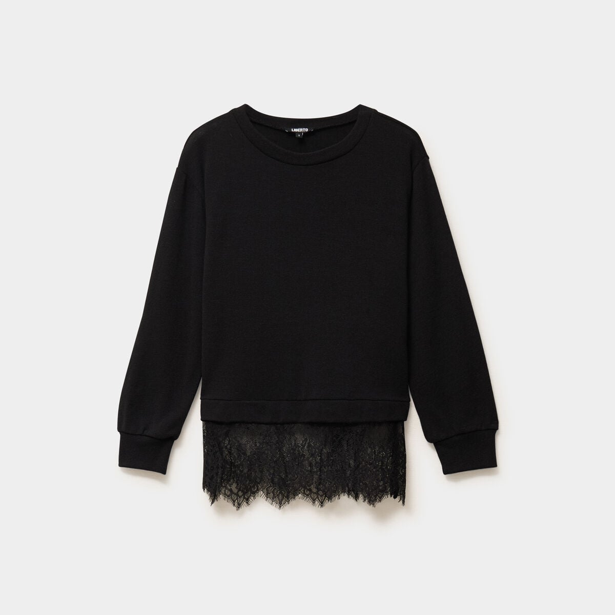 Pull col rond dentelle &agrave; la taille noir femme