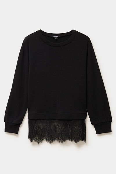 Pull col rond dentelle &agrave; la taille noir femme