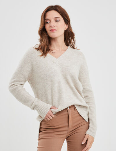 Pull droit ample col V fentes aux côtés ecru femme
