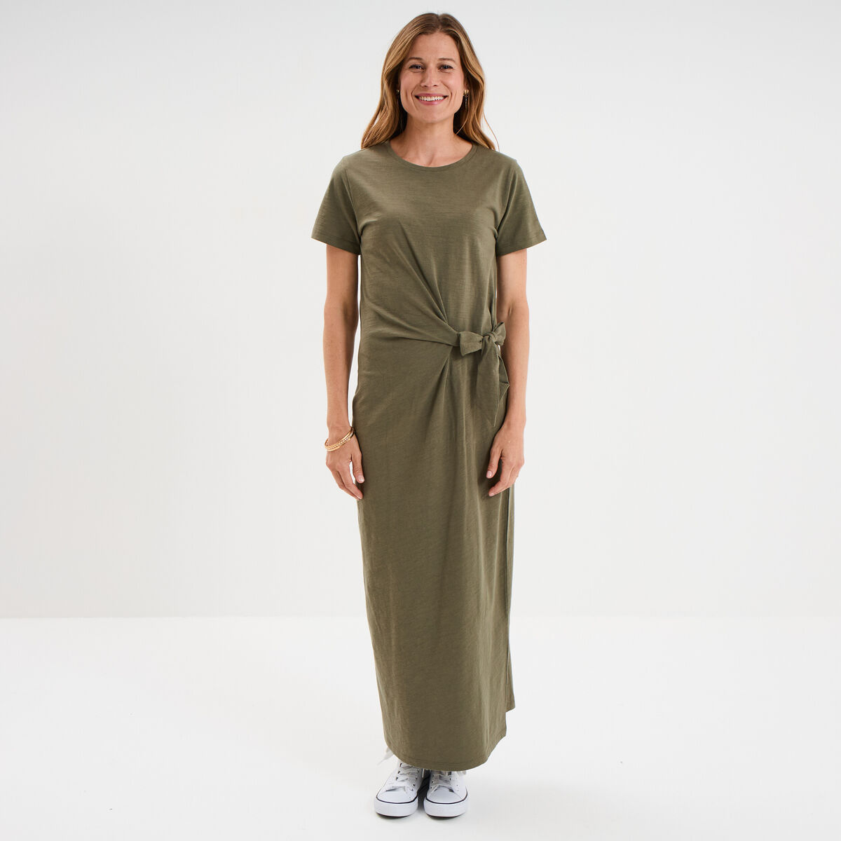 Robe midi taille effet noué coton vert kaki femme