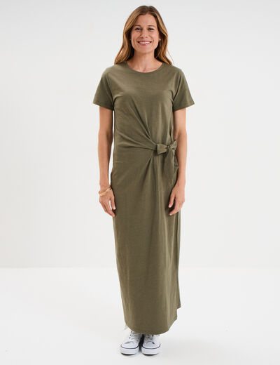 Robe midi taille effet noué coton vert kaki femme