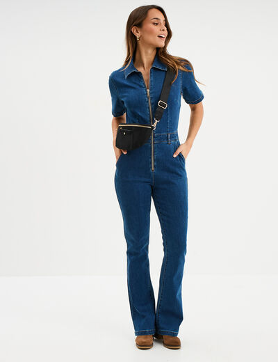Combinaison pantalon en jean zippée denim stone femme