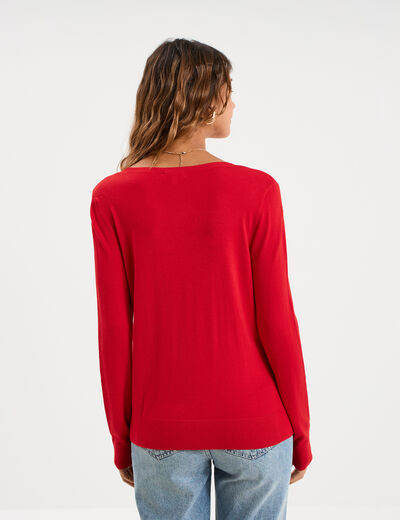 Pull col en V manches longues rouge femme
