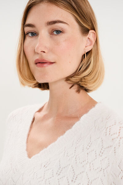Pull col V ajour&eacute; manches longues blanc femme