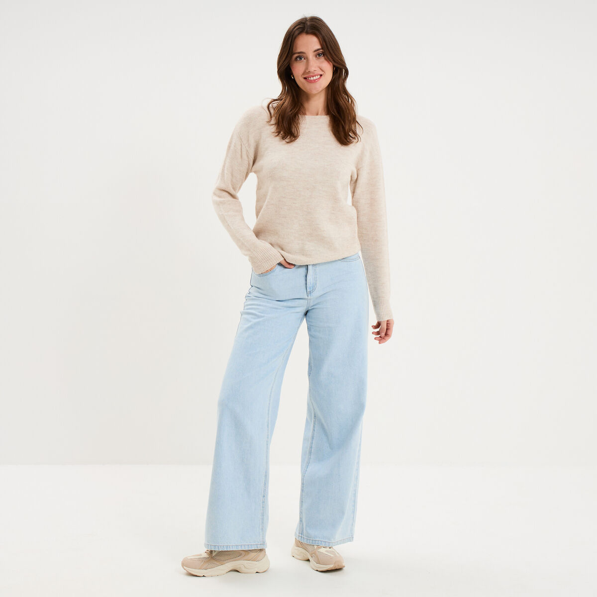 Pull col rond manches longues ecru femme