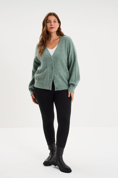 Gilet col en V boutonn&eacute; manches longues vert femme grande taille
