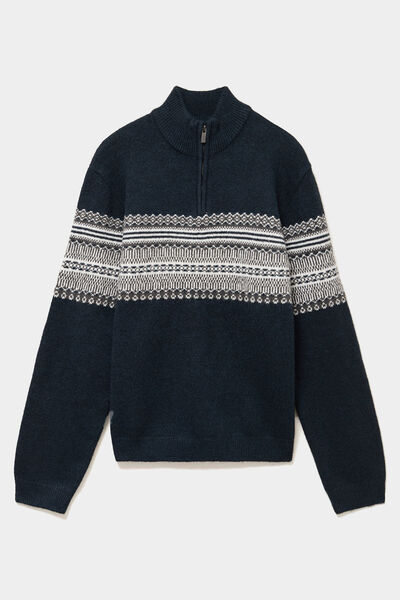 Pull camionneur jacquard manches longues bleu marine homme