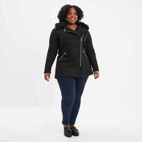 Manteau mi-long col imitation fourrure noir femme grande taille