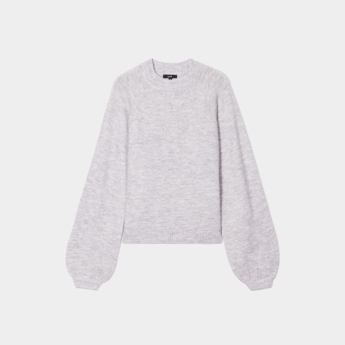 Pull avec perles et manches ballons gris clair femme