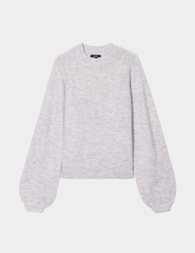 Pull avec perles et manches ballons gris clair femme