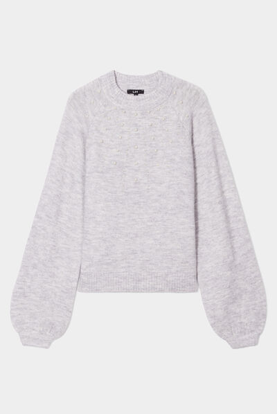 Pull avec perles et manches ballons gris clair femme