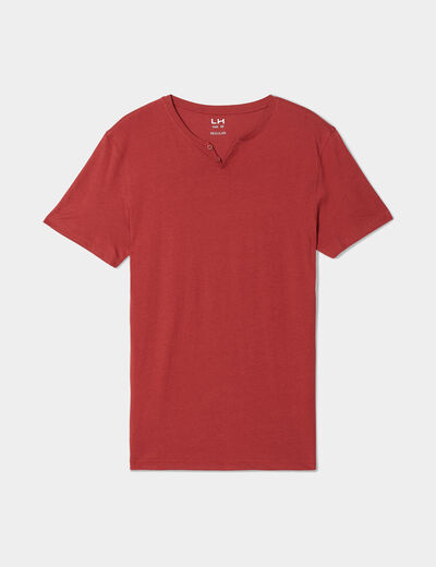 T-shirt manches courtes col tunisien rouge fonc&eacute; homme