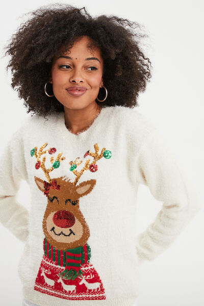 Pull de No&euml;l lumineux &agrave; sequins ivoire femme