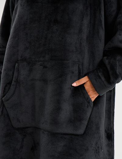 Poncho plaid effet velours &agrave; capuche gris fonc&eacute; femme