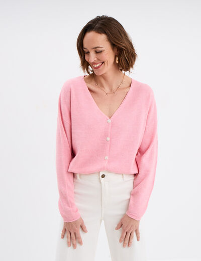 Gilet col en V manches longues rose clair femme