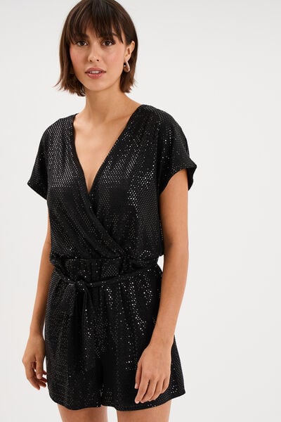 Combishort &agrave; paillettes manches courtes noir femme