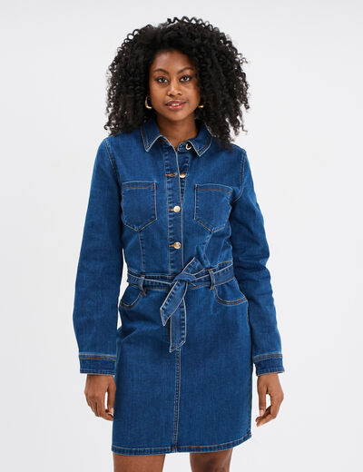 Robe chemise en jean ceinturée coton denim stone femme