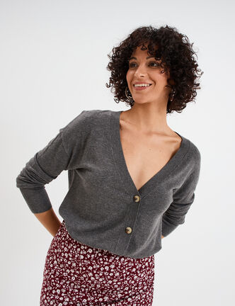 Gilet col en V boutonné gris femme