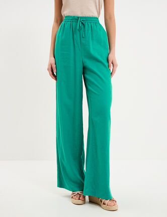 Pantalon large lin m&eacute;lang&eacute; vert canard femme