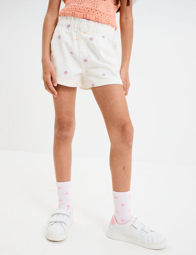 Short brodé taille élastiquée coton ecru fille