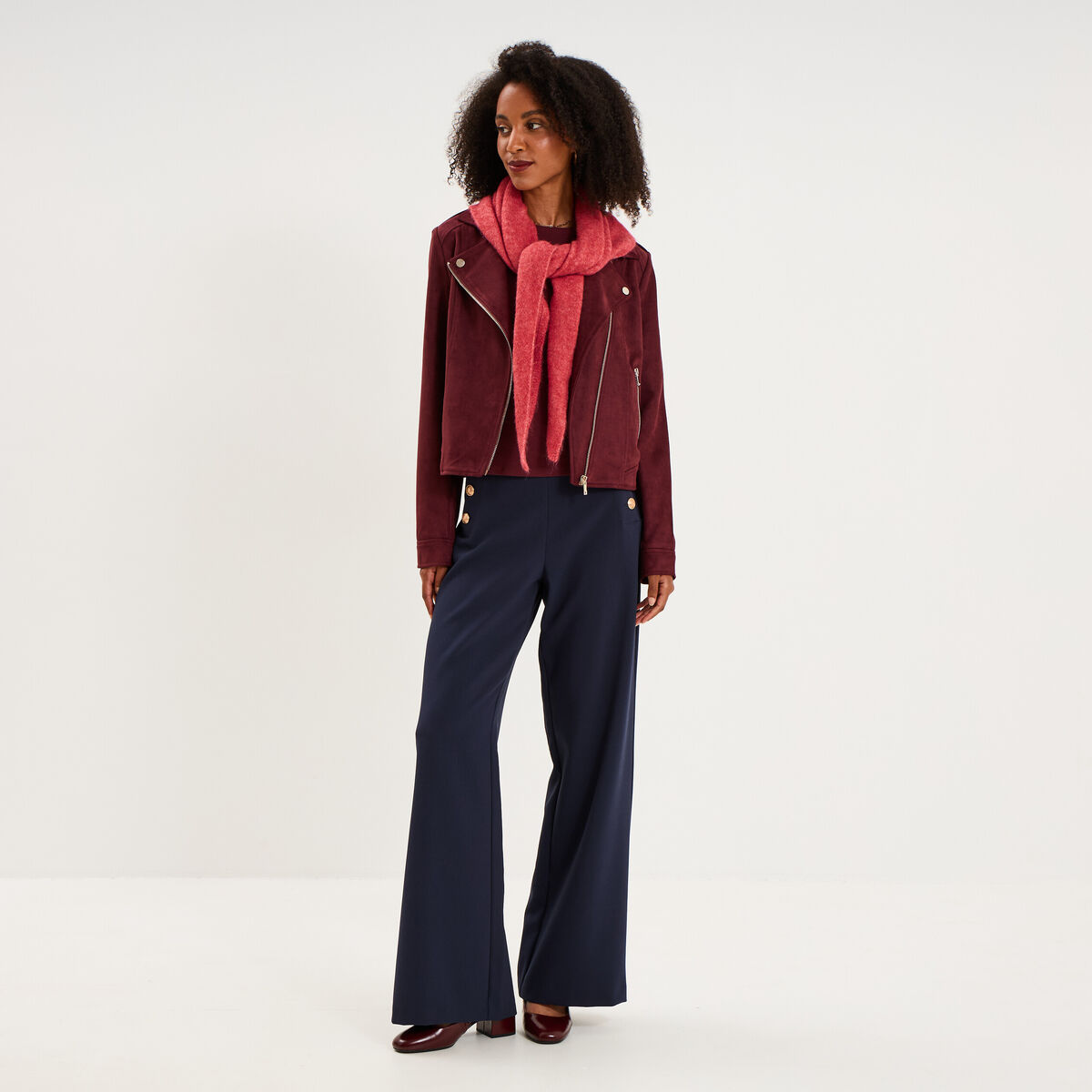 Veste biker en su&eacute;dine ajust&eacute;e violet fonc&eacute; femme